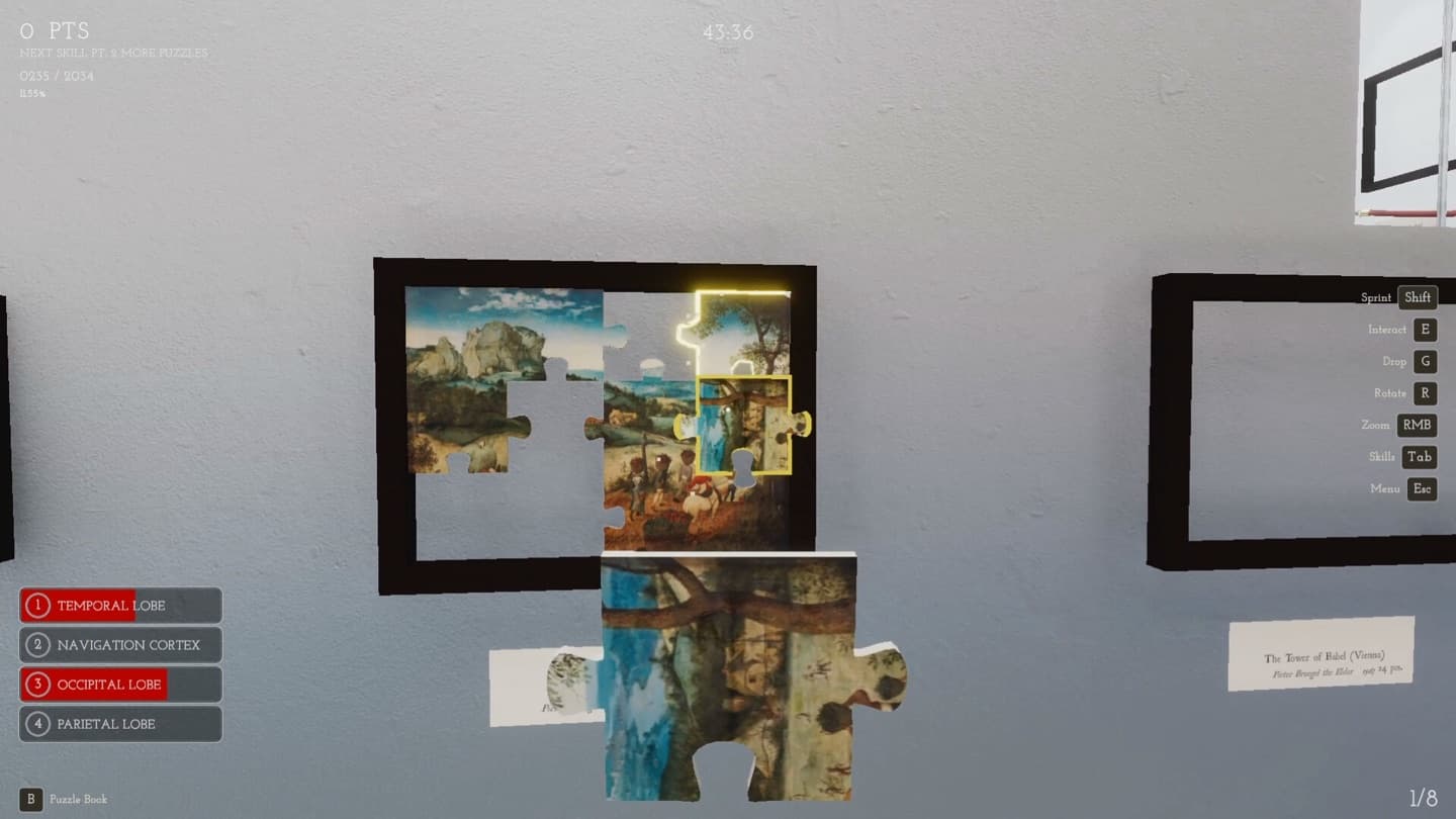 Official Steam screenshot showing a partly completed framed puzzle, a held piece, ability labels, and a small control legend.