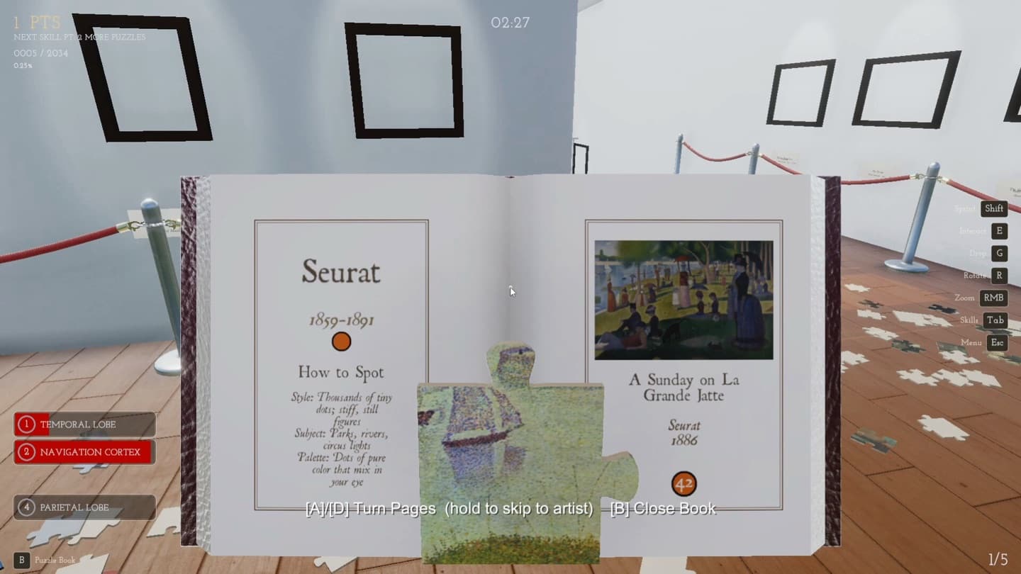 Official Steam screenshot showing an open in-game art book, a held puzzle piece, and gallery frames in the background.